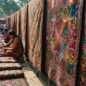 工匠們在繁忙的室內手工藝市場刺繡彩色紡織品。