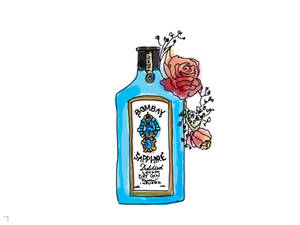 藍色氈酒瓶配粉紅玫瑰插圖