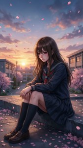 一個悲傷的動漫女孩穿著校服坐在飄落的櫻花下，夕陽西下。