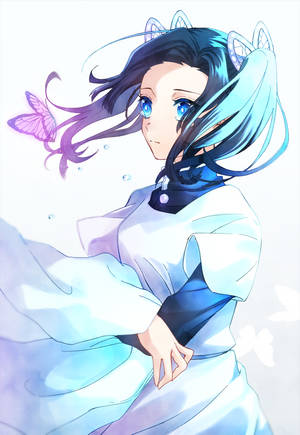 藍眼貓耳動漫少女與紫色蝴蝶。
