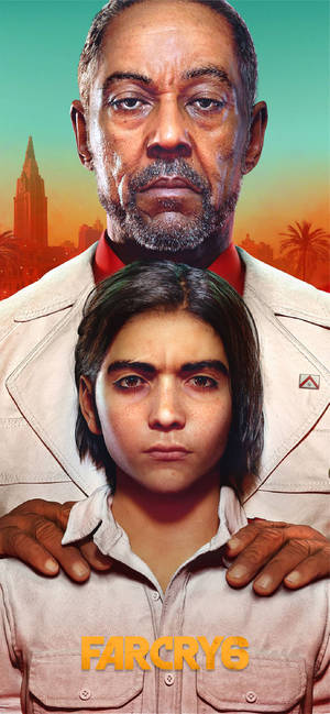 Far Cry 6 的兩個嚴肅角色在日落城市背景下將手放在肩膀上。