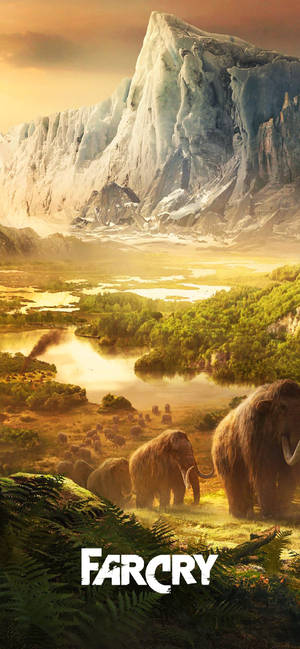 猛獁象在史前山谷中，有冰川和夕陽