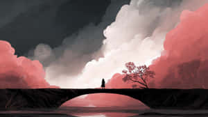 一個人獨自站在石橋上，天空是粉紅色和灰色的，旁邊有一棵樹。 — 1440p 壁紙