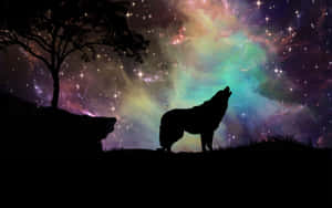 狼對著色彩繽紛的星空嚎叫，樹的剪影。 — 狼 壁紙