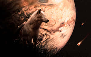 一隻白狼站在草地上，面前是一顆巨大的旋轉行星，夜空中有流星。 — 狼 壁紙