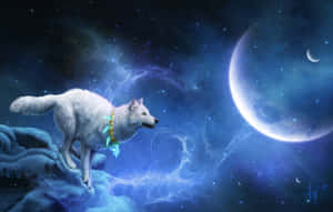 星空下雪崖上的白狼與新月 — 狼 壁紙