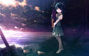 動漫女孩站在廢墟屋頂上，在雨中，紫色暴風雨天空下。