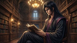 一個長黑髮的男人在宏偉的木製圖書館裡閱讀一本書。 — 古勒比加 壁紙