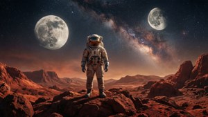 太空人在兩個月亮和星空下的紅色岩石行星上。