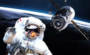 太空人漂浮在太空靠近衛星，背景為地球