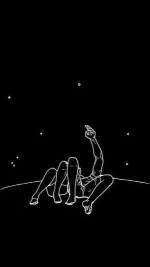 極簡線條藝術中，一個人躺在彎曲的地平線上指著星星。