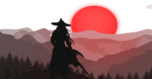 日落時分，戰士持劍剪影在山頂，紅色太陽和下方森林。 — 武士 壁紙