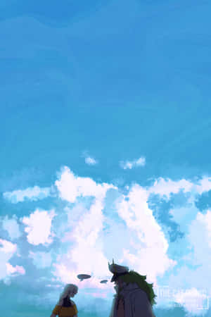 兩個動漫人物仰望有雲和飛碟的天空。