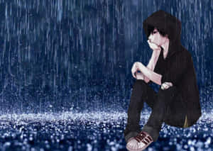 悲傷的動漫少年穿著黑色連帽衫坐在雨中，周圍有閃閃發光的水。