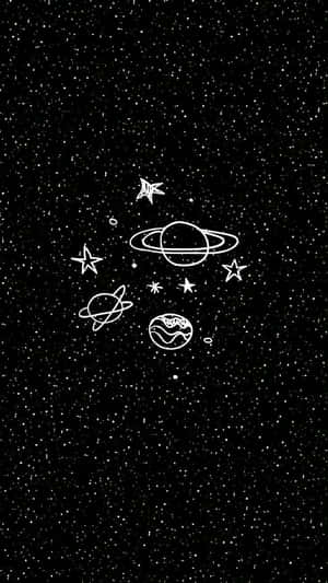 在黑色星空背景上用白色線條繪製的風格化行星和恆星。 — 太空人 壁紙