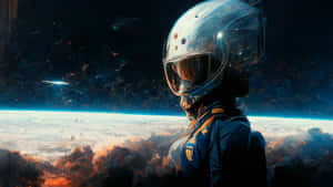 太空人從太空觀看地球，帶有發光的大氣層和星空背景。