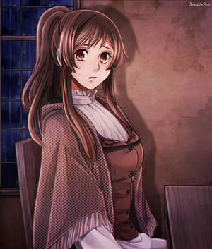 一個悲傷的動漫女孩，棕色辮子，晚上坐在雨窗前。 — Galaxy Z Fold 壁紙