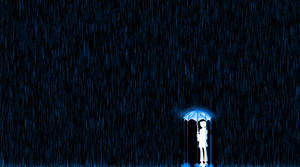 一個人拿著發光的藍色雨傘，在夜晚的暴雨中獨自站立。 — 雨 壁紙