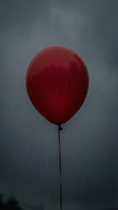 一個紅色氣球在雨中漂浮，背景是灰色天空