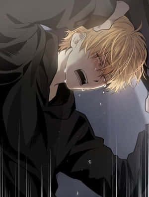 金髮動漫男孩在雨中戴著深色連帽衫哭泣，眼睛發光。