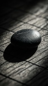 一顆拋光的黑色石頭放在質樸的木頭上，帶有強烈的陰影和高對比度。