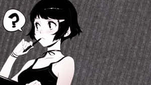 穿著黑色連衣裙的動漫女孩將筆放在唇邊，帶有問號對話框。