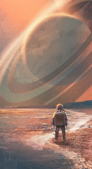 一名孤獨的太空人在外星行星上，凝視著日落時分的巨大環狀世界。