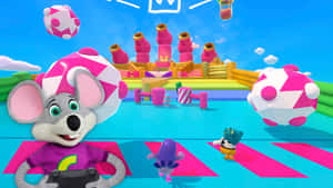 卡通老鼠玩著一個色彩繽紛的3D遊戲，有漂浮的球體和結構。