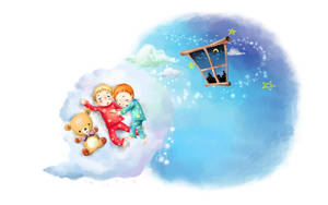兩個在雲上睡覺的孩子與泰迪熊，以及顯示星空夜晚的窗戶。