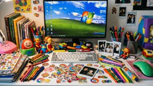 兒童雜亂的書桌，有美術用品、玩具和家庭照片，附近電腦顯示Windows XP背景。