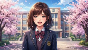 動漫女學生穿著校服在櫻花下微笑。