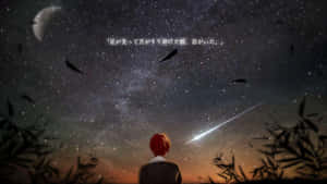 紅髮男孩在星空夜空中看著流星，旁邊有竹子。