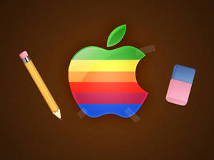 彩虹Apple標誌，鉛筆和橡皮擦，棕色背景