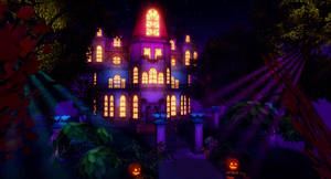 夜晚中發光的鬼屋，伴隨著南瓜燈籠和暗色樹木。