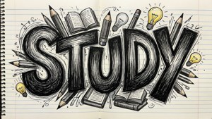 手繪「STUDY」與鉛筆、書本和燈泡在有線筆記簿紙上