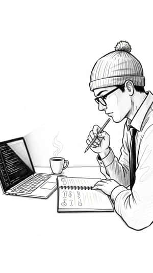 戴冷帽和眼鏡的人，在筆記型電腦和咖啡旁邊寫筆記。