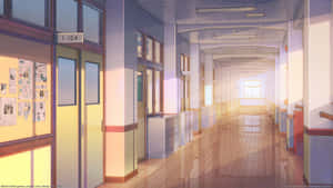 陽光普照的空蕩學校走廊，有木地板和教室門。 — 動漫風景 壁紙