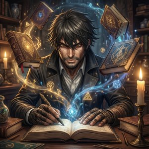 一位巫師在燭光書房中，被浮動的魔法書和發光的符文包圍，正在書上寫咒語。