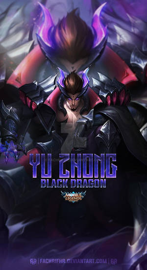 Yu Zhong Black Dragon 遊戲角色，身著黑暗奇幻盔甲，眼睛發光。