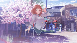 動漫女學生穿著校服在櫻花下揮手，日本城市場景。 — 櫻花 壁紙