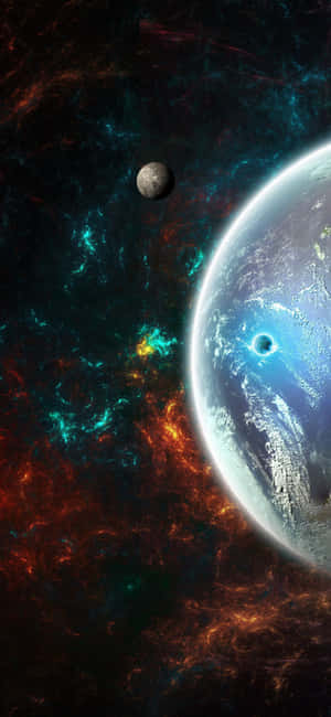 一顆藍色行星和衛星，被色彩繽紛的宇宙雲層和星星環繞。