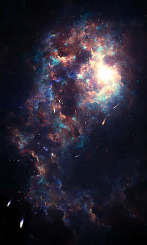 在深空中閃耀的彩色星雲，帶有星跡。