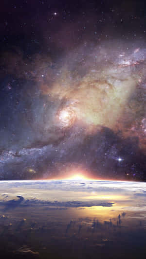 在宇宙日出期間，一個螺旋星系從行星的地平線上升起。 — 銀河 壁紙