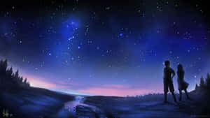 兩個人在發光星雲的星空下站在一起。 — 星星 壁紙