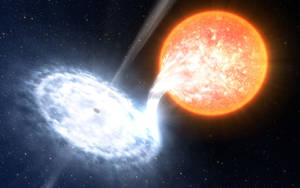 一顆明亮的橙色恆星在深空中供養著發光的白色吸積盤。