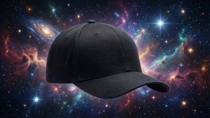 黑色棒球帽在色彩繽紛的外太空漂浮，伴有星星和星系。