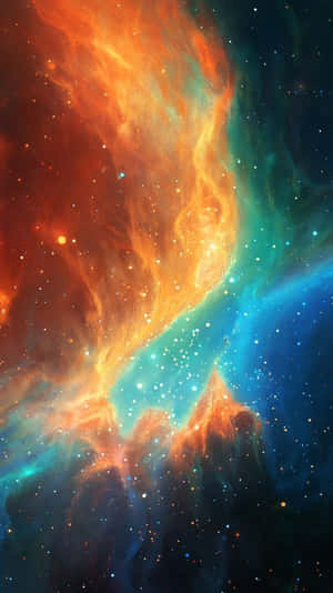 色彩繽紛的宇宙星雲，帶有發光的橙色和藍色雲朵以及散落的星星。
