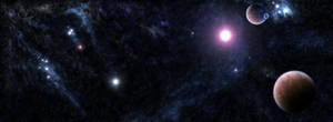 一個充滿活力的宇宙場景，在深空中有發光的星星、行星和星雲。