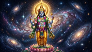 神聖的印度教神祇站在蓮花上，處於星空宇宙場景中。