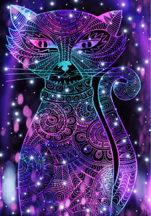 一隻風格化的貓，帶有發光圖案，背景是星空。 — 天空美學 壁紙